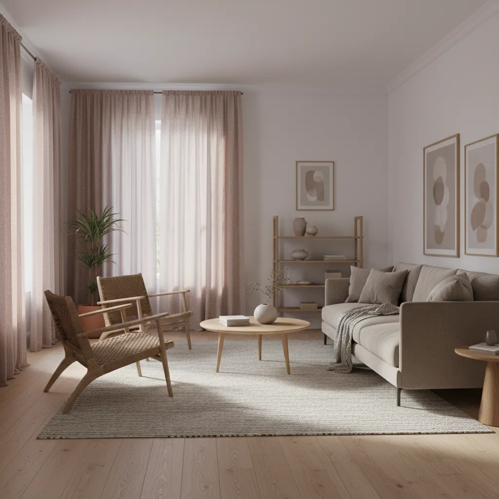 Modern living room with soft linen burgundy curtains and natural light