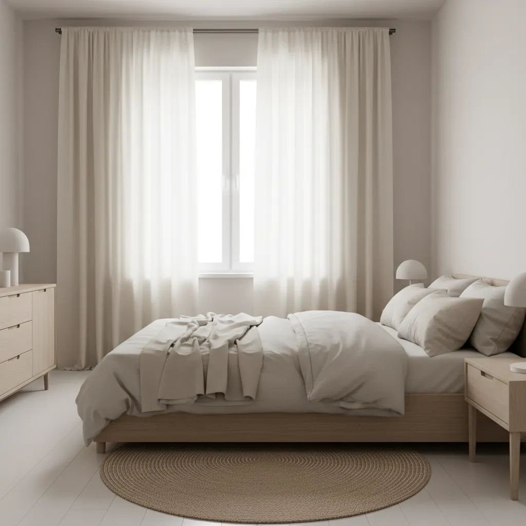airy bedroom with linen cream curtains diffusing natural light