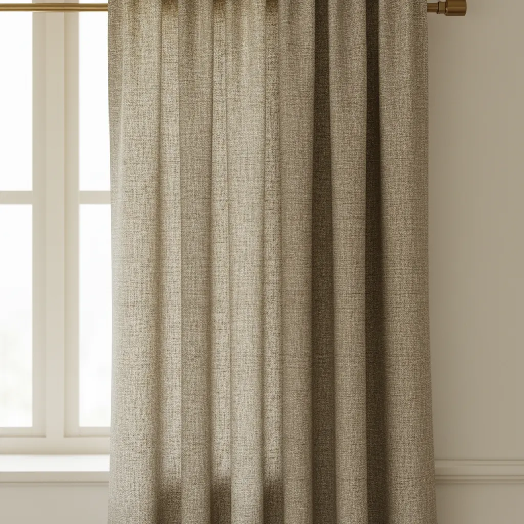 Close view of textured linen curtains against cream walls with natural light