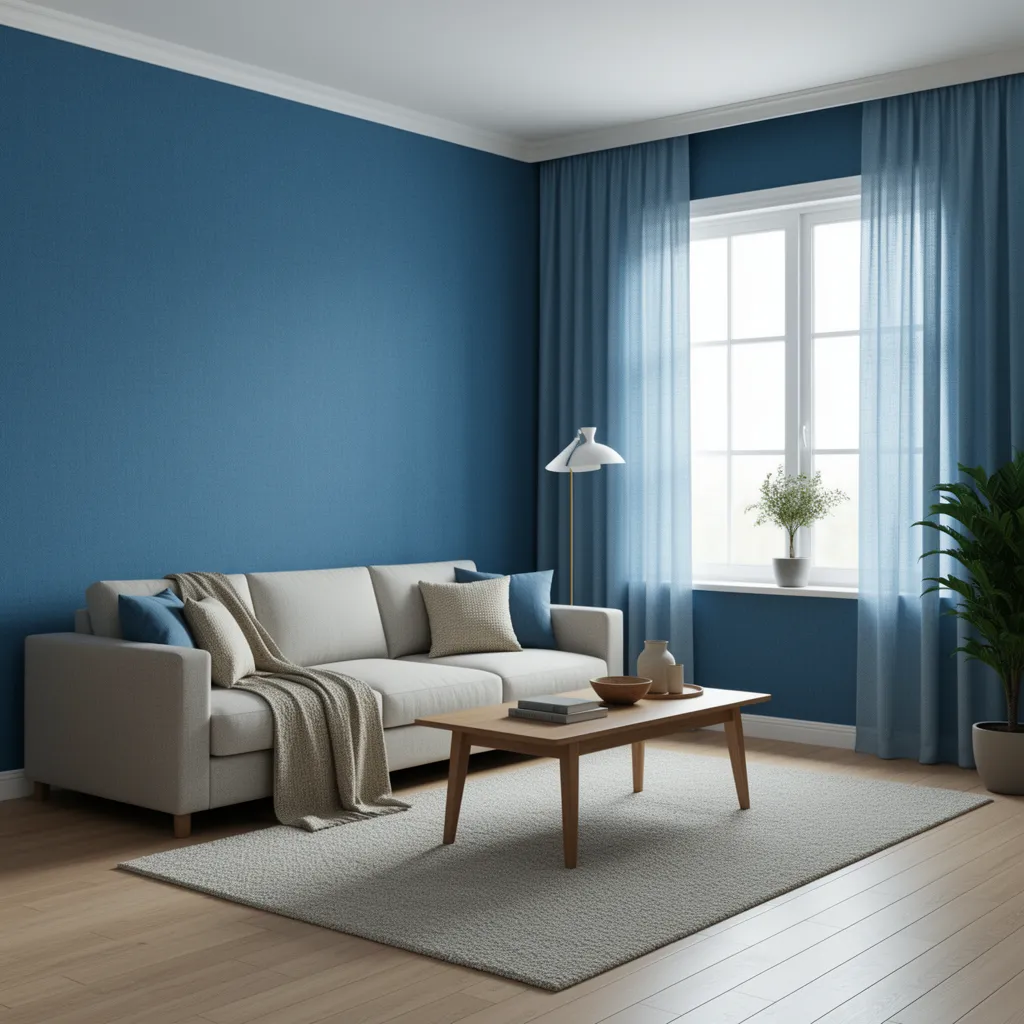 Blue living room with textured linen curtains filtering daylight