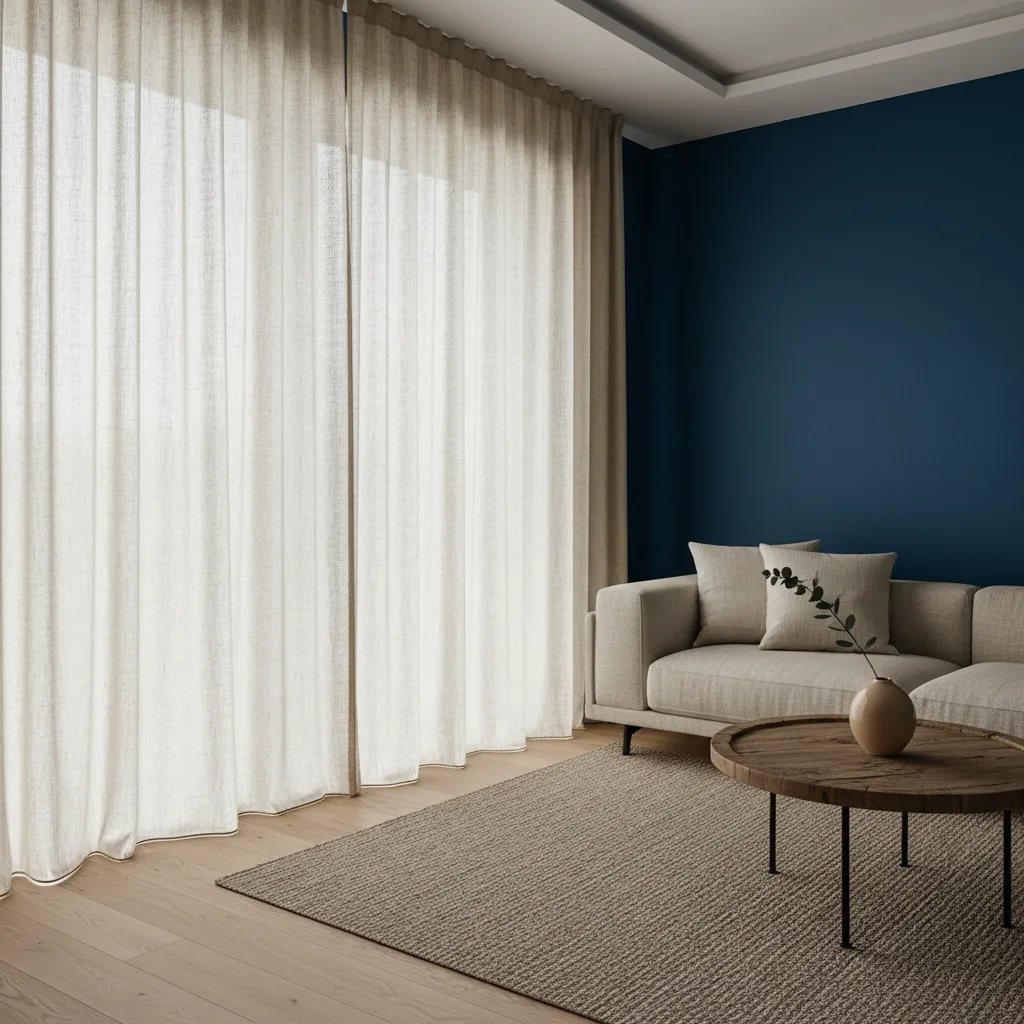 Close view of linen curtains paired with navy blue wall texture