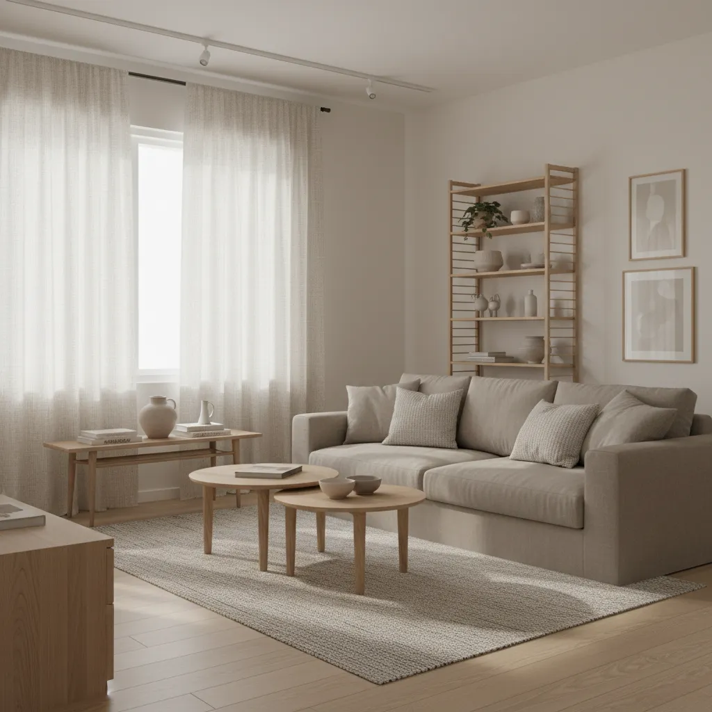 Living room with cream walls and soft linen curtains filtering sunlight