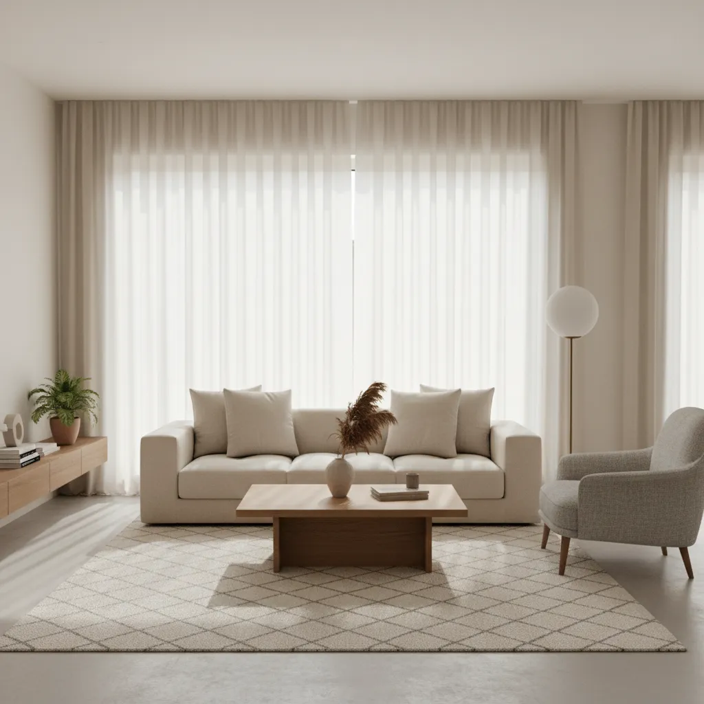 Cortinas de lino filtrando luz natural en un salón minimalista