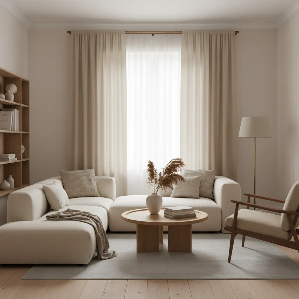light beige linen curtains in a cozy small living room