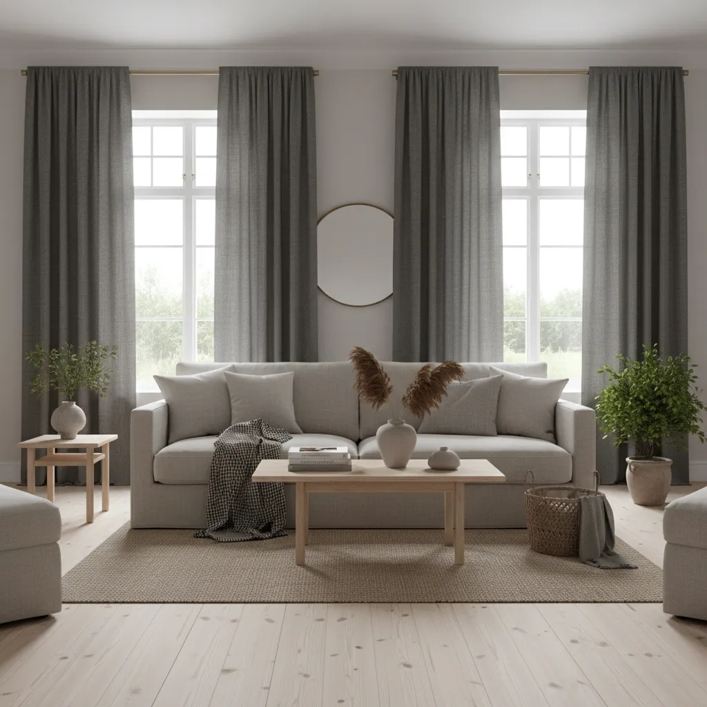 Modern living room with dark linen curtains and soft daylight