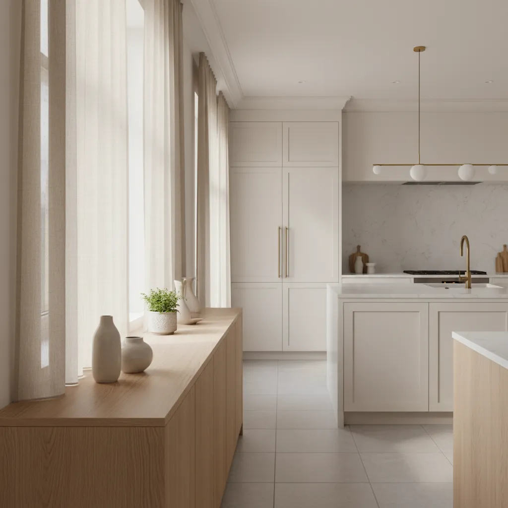 Soft linen kitchen curtains diffusing natural daylight