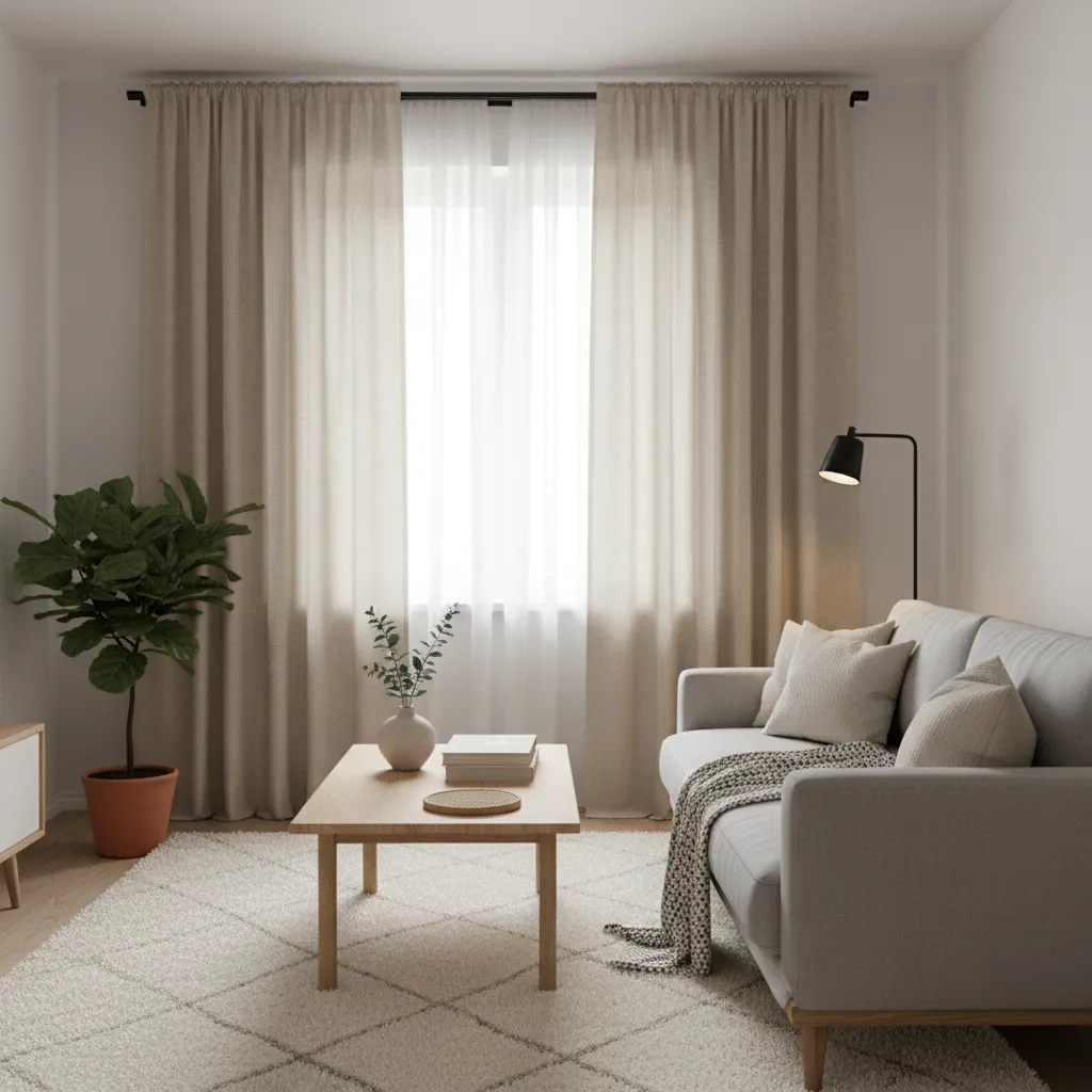 Neutral linen drapes in a cozy small living room interior