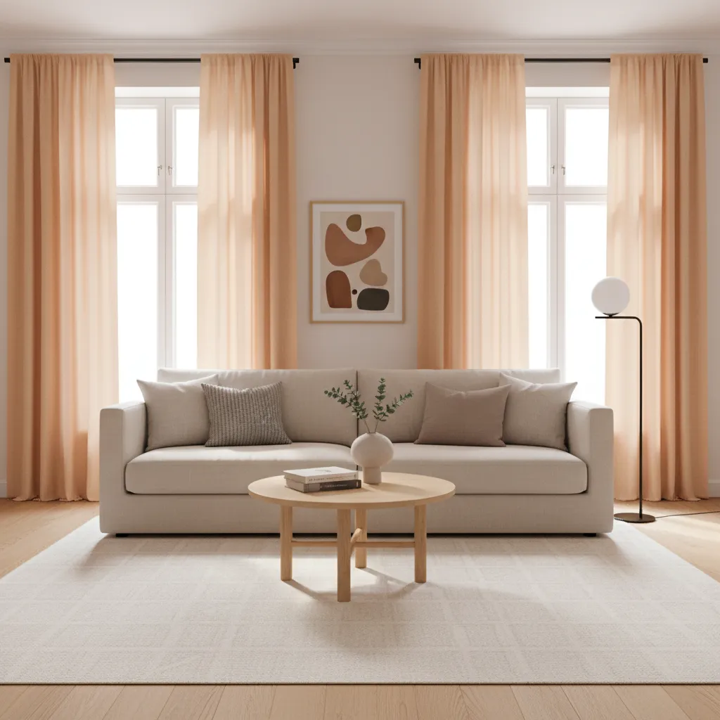 soft linen orange curtains in a bright modern living room