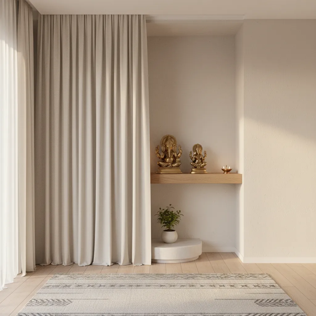 Modern linen curtain for compact pooja room design
