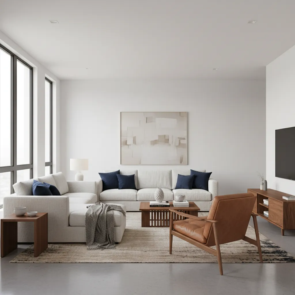 linen sofa and brown leather accent chair in blue white brown living room