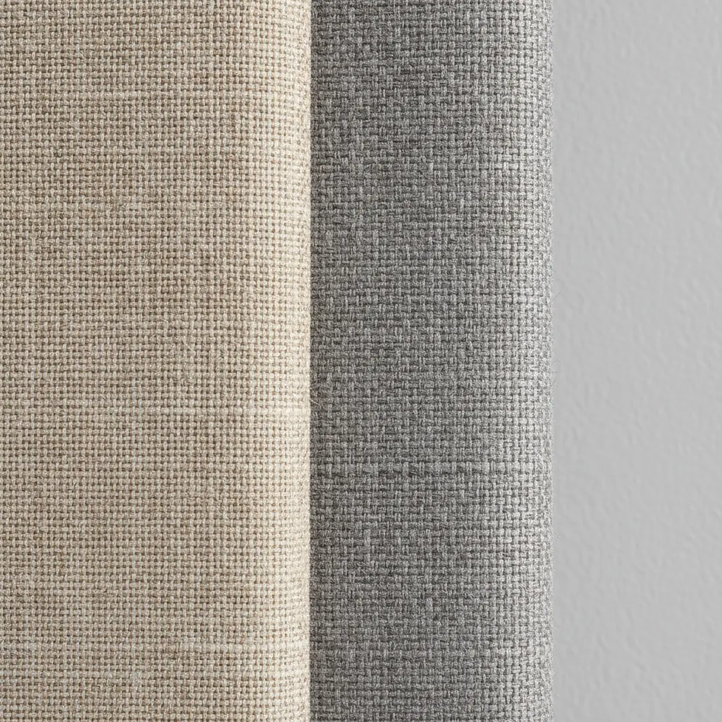 Close comparison of linen and polyester upholstery fabric textures