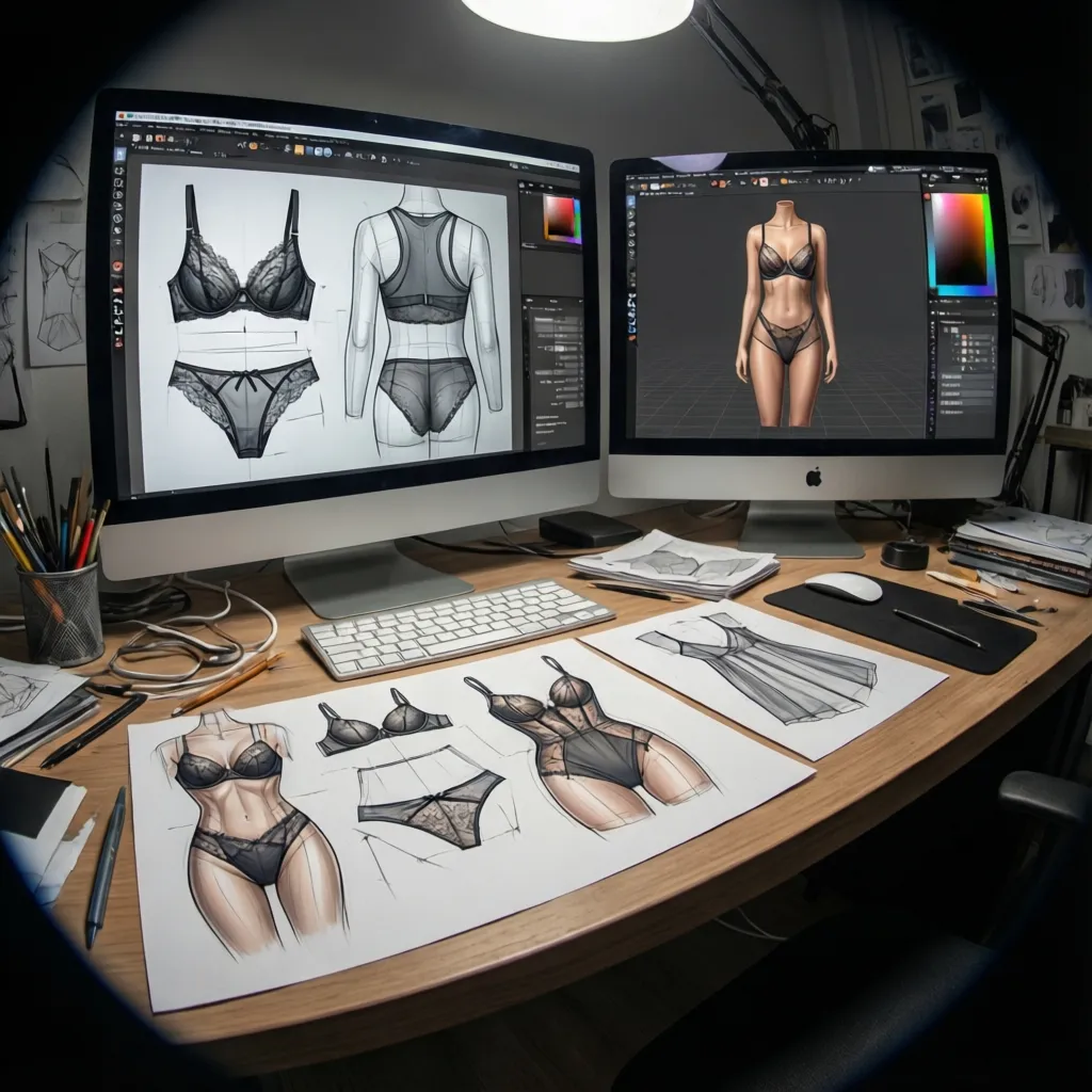 Proceso digital de diseño de ropa interior desde boceto a modelo 3D