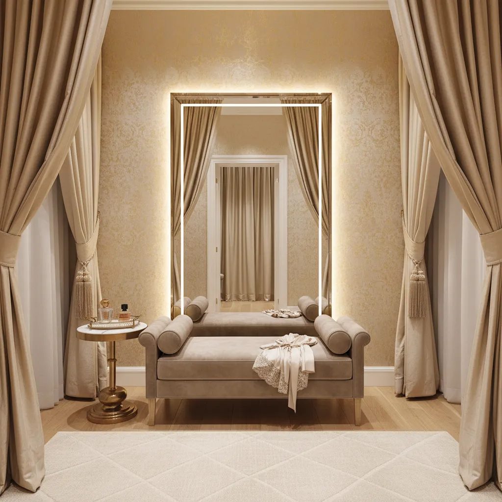 Elegant fitting room design with large lighted mirror beige sofa gold curtains and small table
