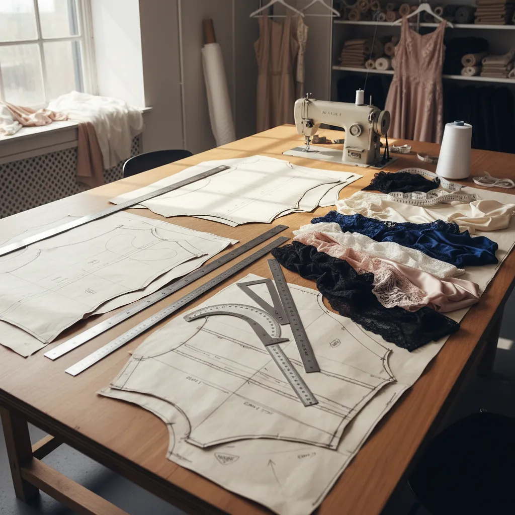 Patrones de ropa interior femenina sobre mesa de patronaje
