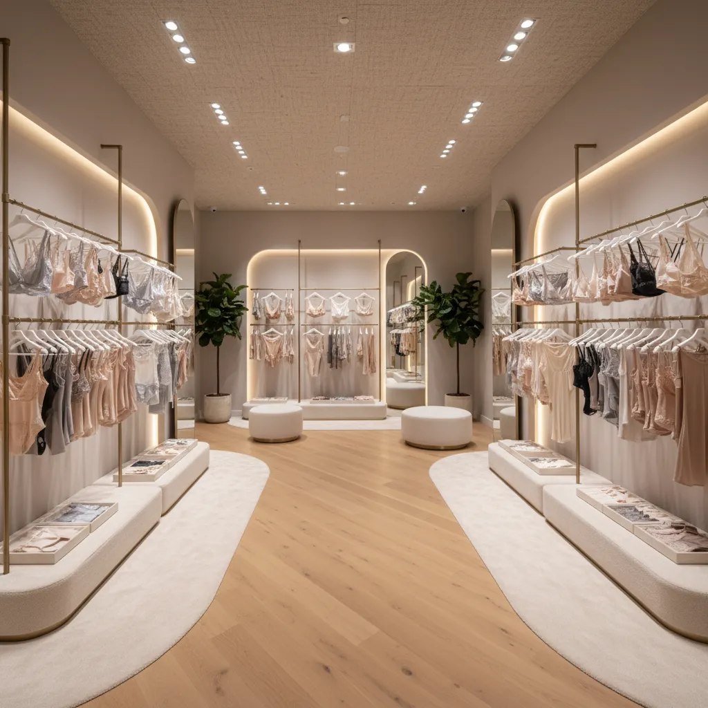 Modern lingerie store interior with clothes on wall racks wooden floor white stools and lighting