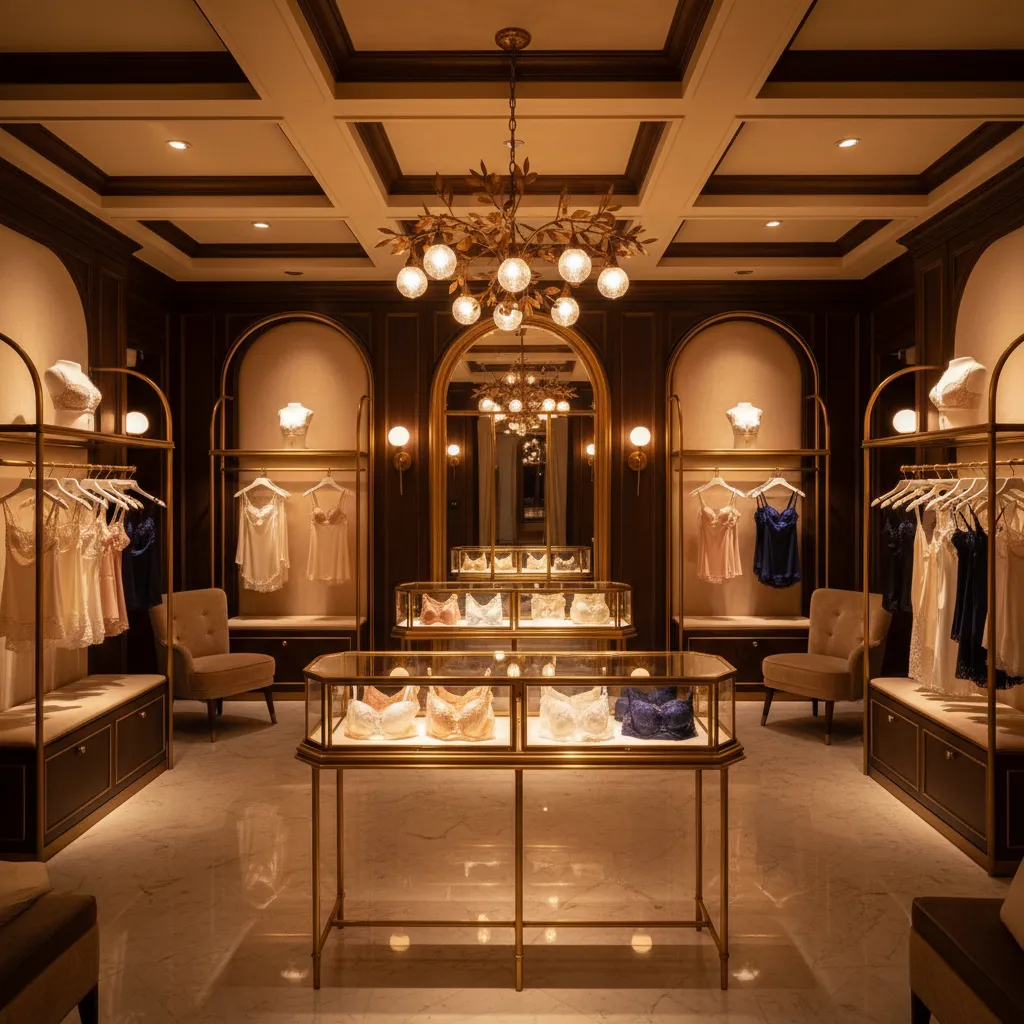 Luxury lingerie shop interior featuring gold ceiling light glass display cases wall racks and panels