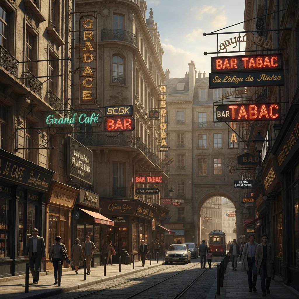 Historic city street showing layered signage from different time periods