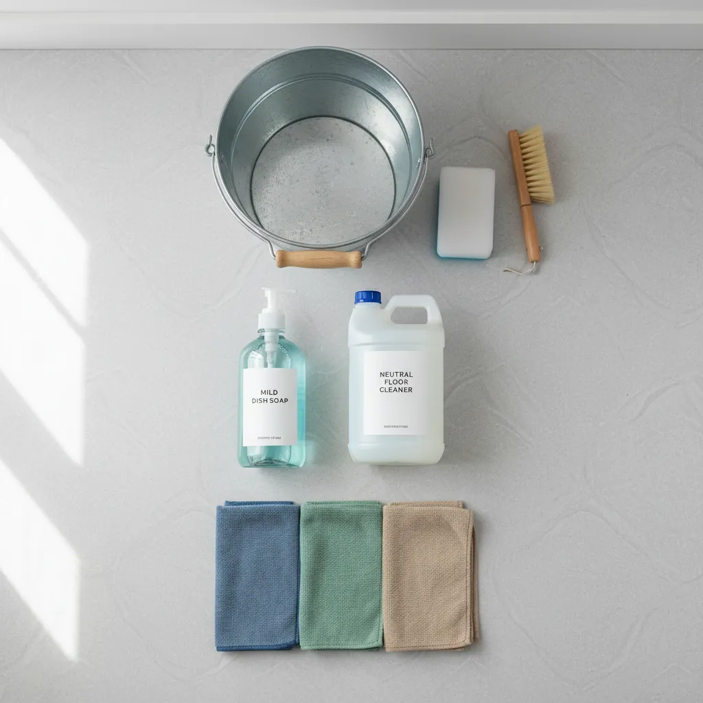 safe linoleum cleaning supplies including mild soap microfiber cloth and neutral cleaner