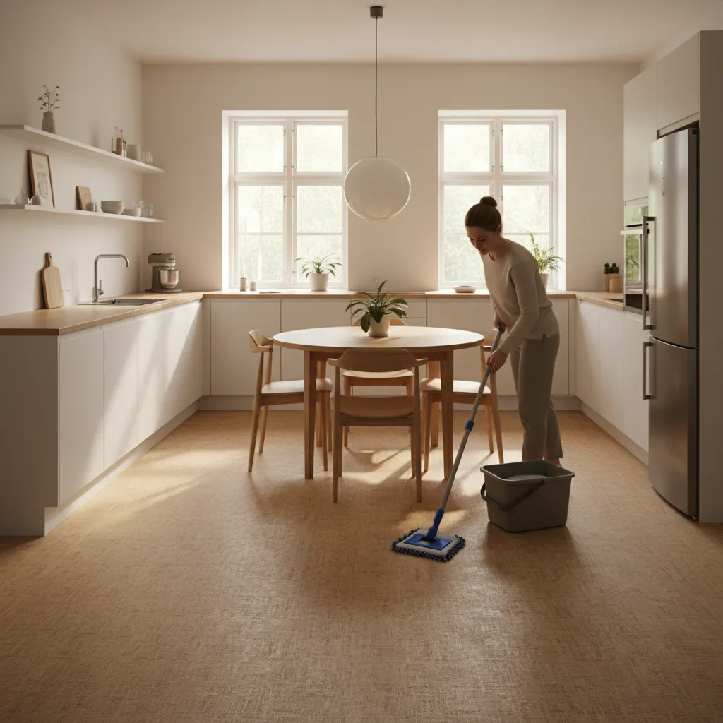 homeowner cleaning linoleum kitchen floor with microfiber mop