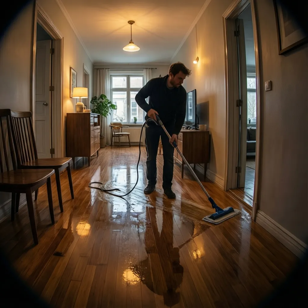 Applying protective polish to linoleum flooring in residential hallway