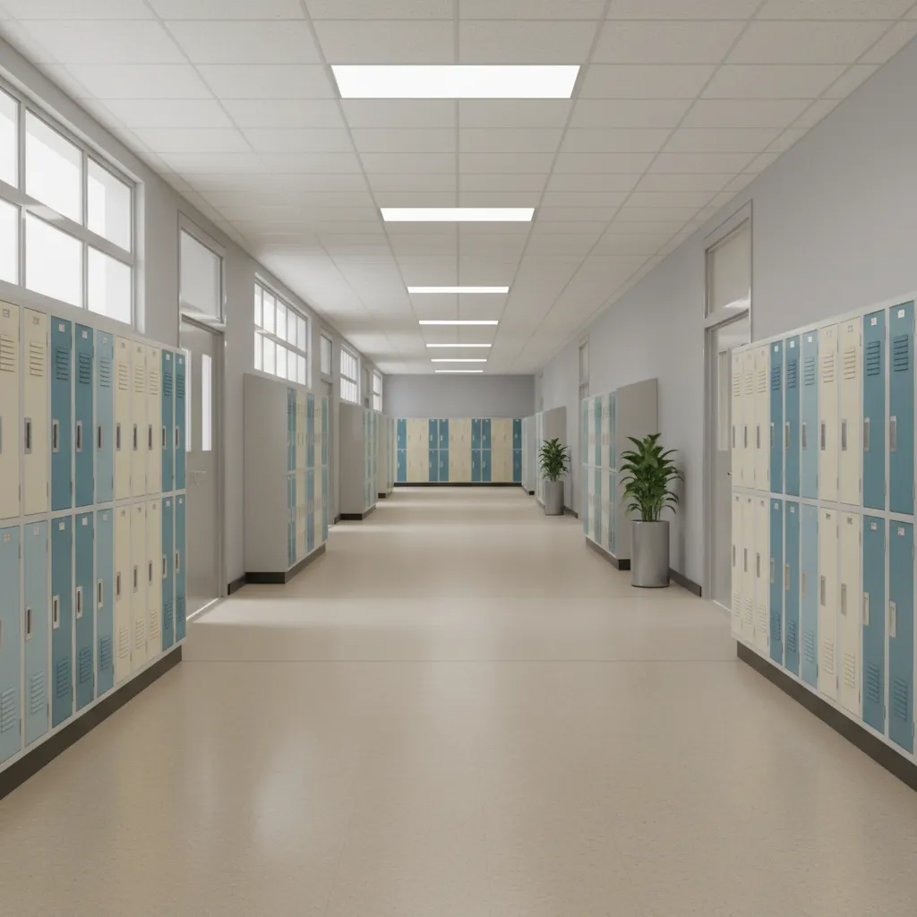 school corridor with durable linoleum flooring in high traffic institutional setting