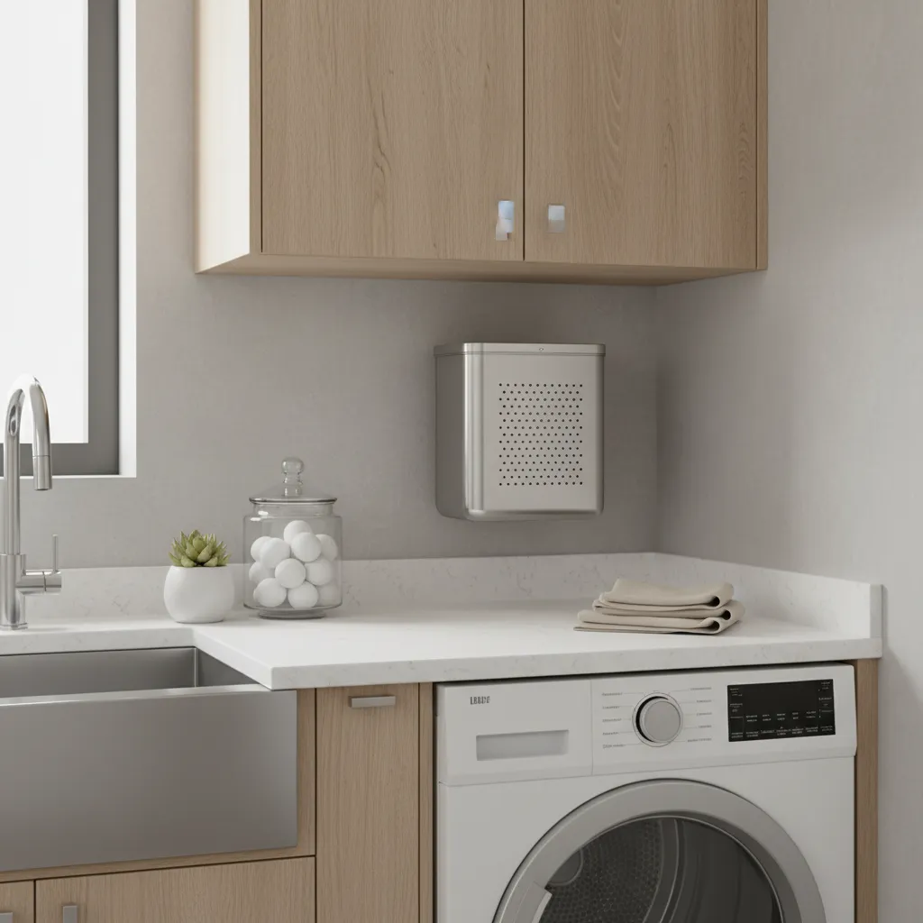 Wall mounted lint bin installed next to a dryer in a modern laundry room