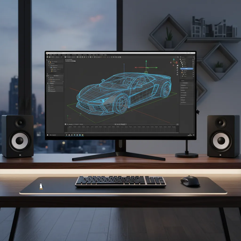 3D modeling software interface running on Linux with object modeling workspace