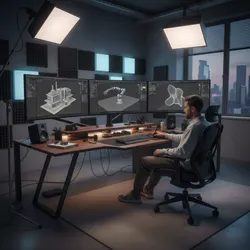Man sitting at wooden desk with three computer monitors showing 3D interior design drawing models