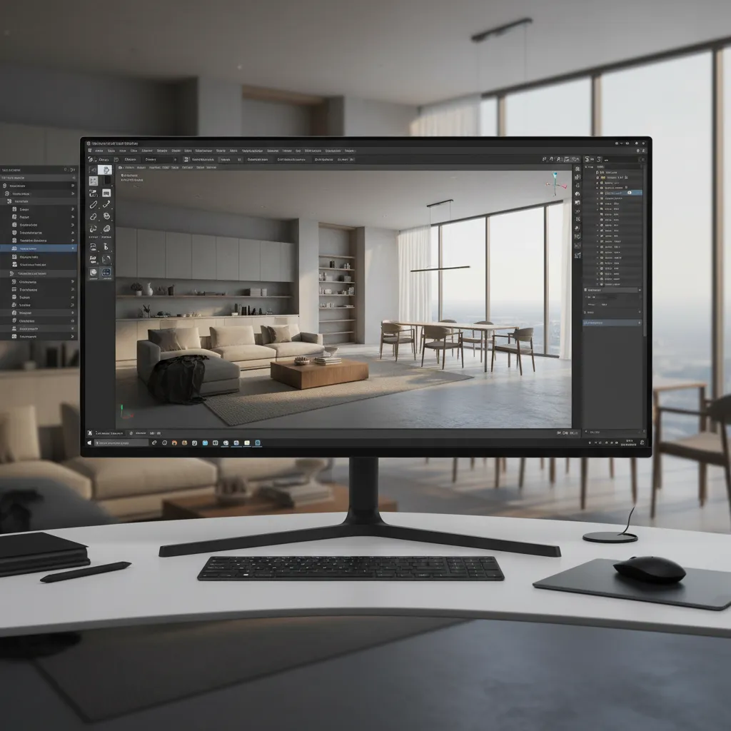 3D modeling viewport on Linux showing complex scene with smooth navigation