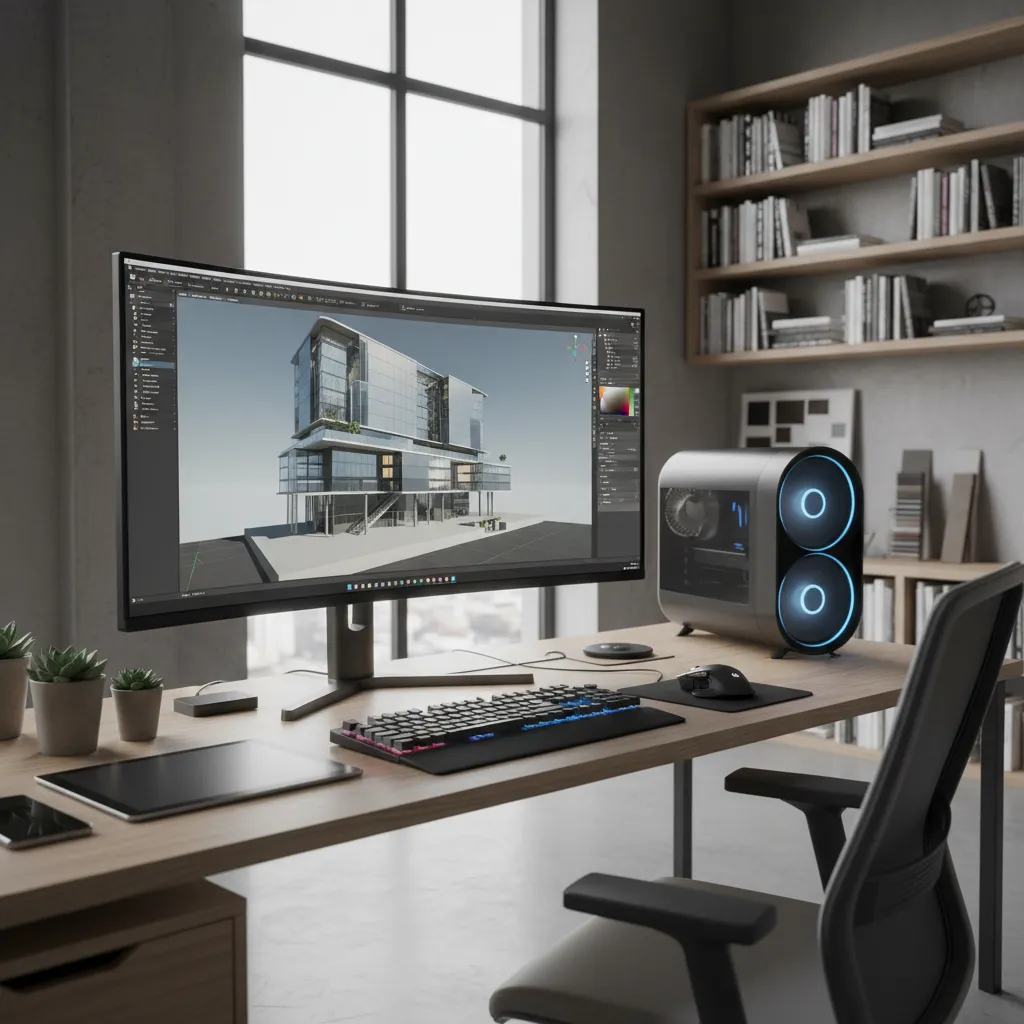 Designer using Blender on a Linux workstation with 3D model visible on screen