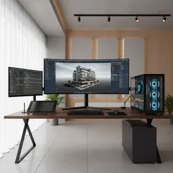 Professional desk with wide monitor showing a building design and a computer with blue lights