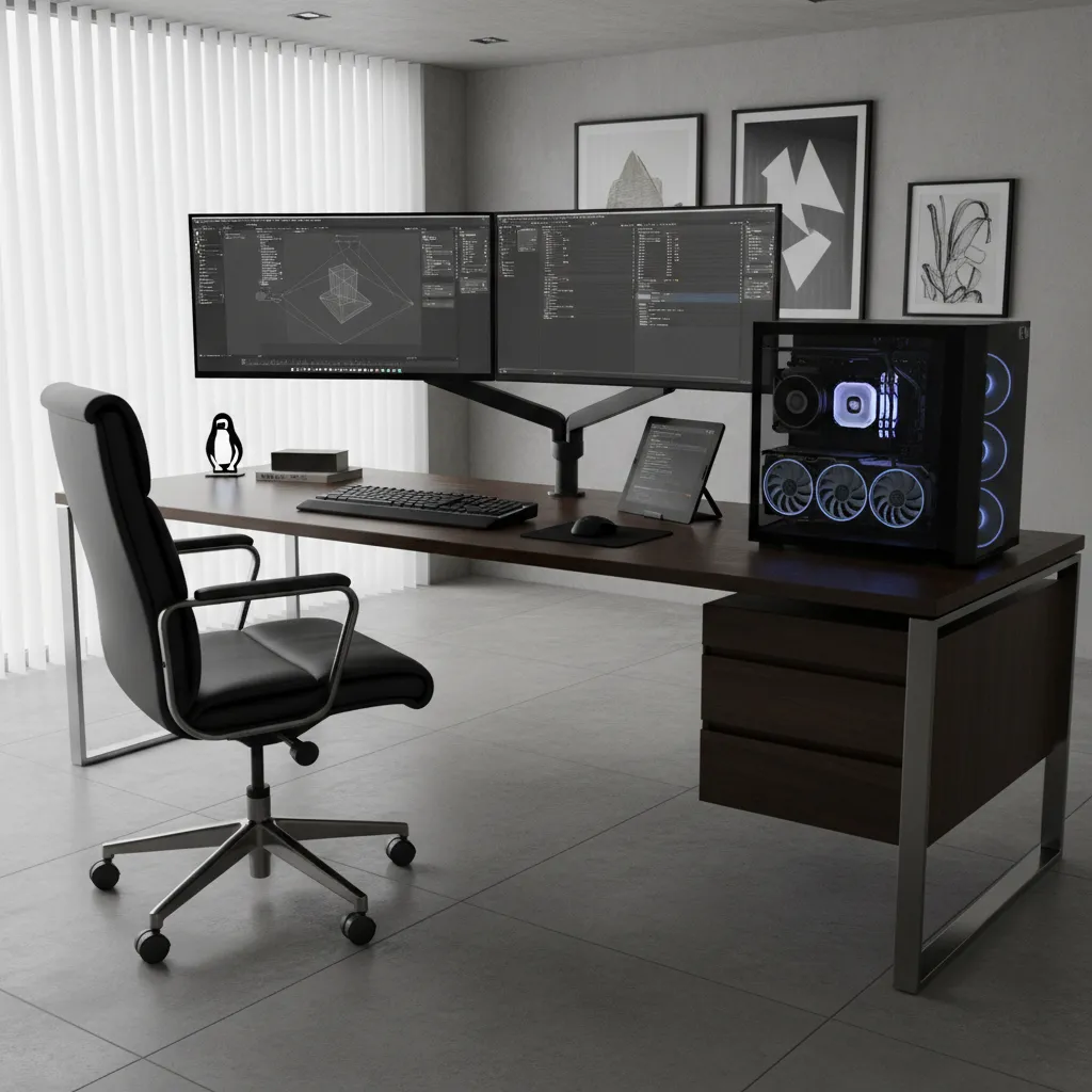 Linux workstation hardware setup for 3D modeling with dual monitors and GPU tower