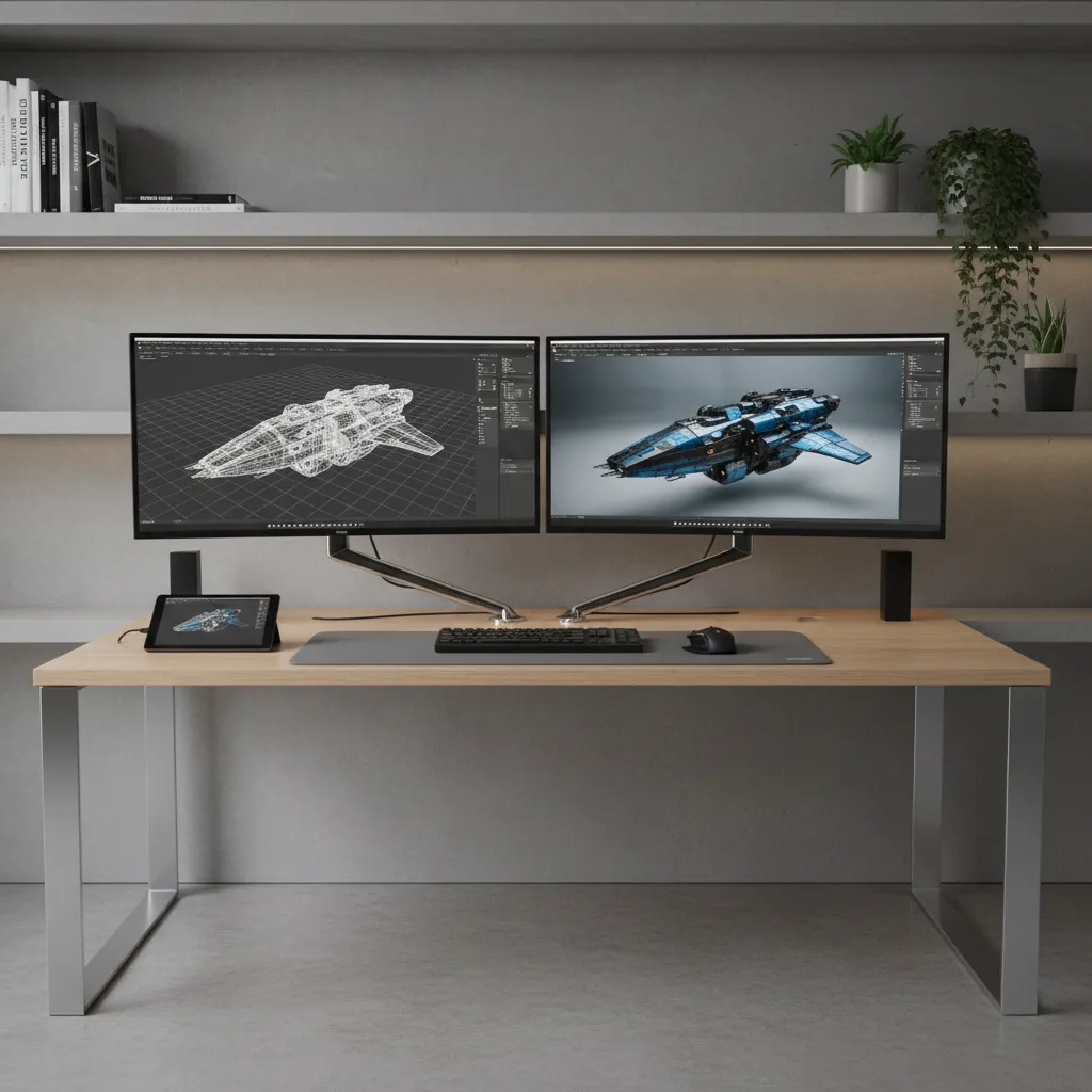 professional Linux workstation with 3D modeling software displaying wireframe models