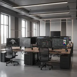 Modern office with wooden desks and computer screens showing 3D models and black office chairs