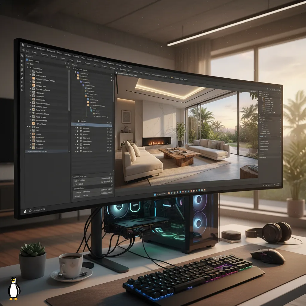 3D rendering pipeline visualization on Linux workstation with rendered scene preview
