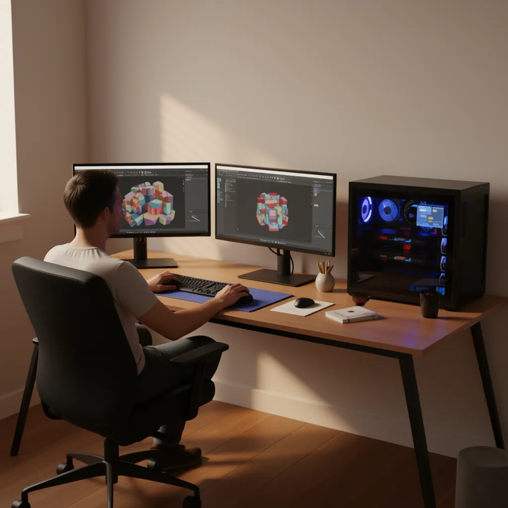 Designer working on 3D rendering workflow on Linux workstation