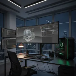 Curved monitor workstation at night displaying 3D building model with coding screens and glowing computer