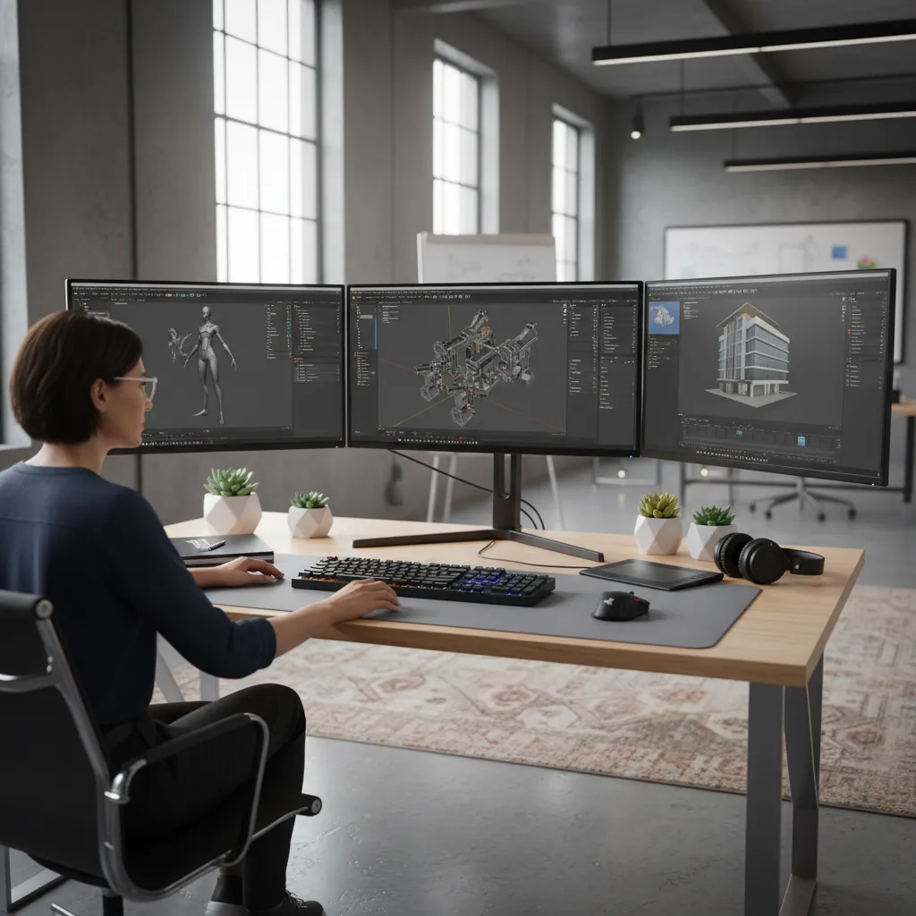 Designer choosing between different 3D modeling tools on Linux workstation