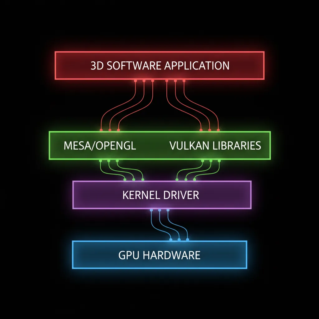 Visual diagram of Linux GPU driver stack including NVIDIA driver Mesa OpenGL and Vulkan layers