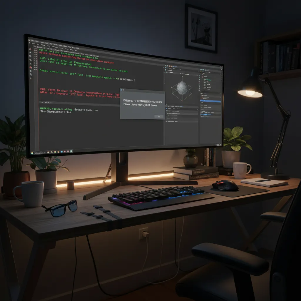 Linux terminal and graphics software showing OpenGL initialization error