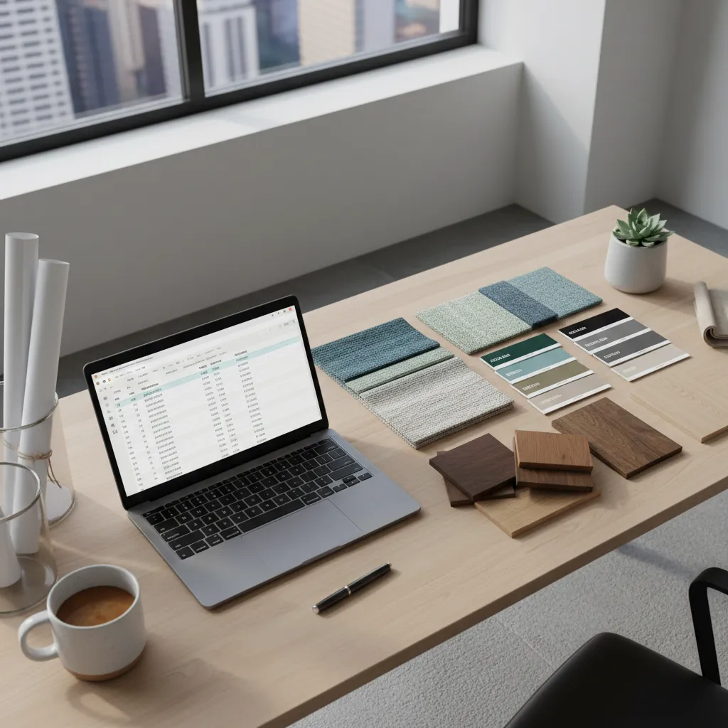 Laptop showing shopping list next to fabric samples and wood samples on wooden office desk