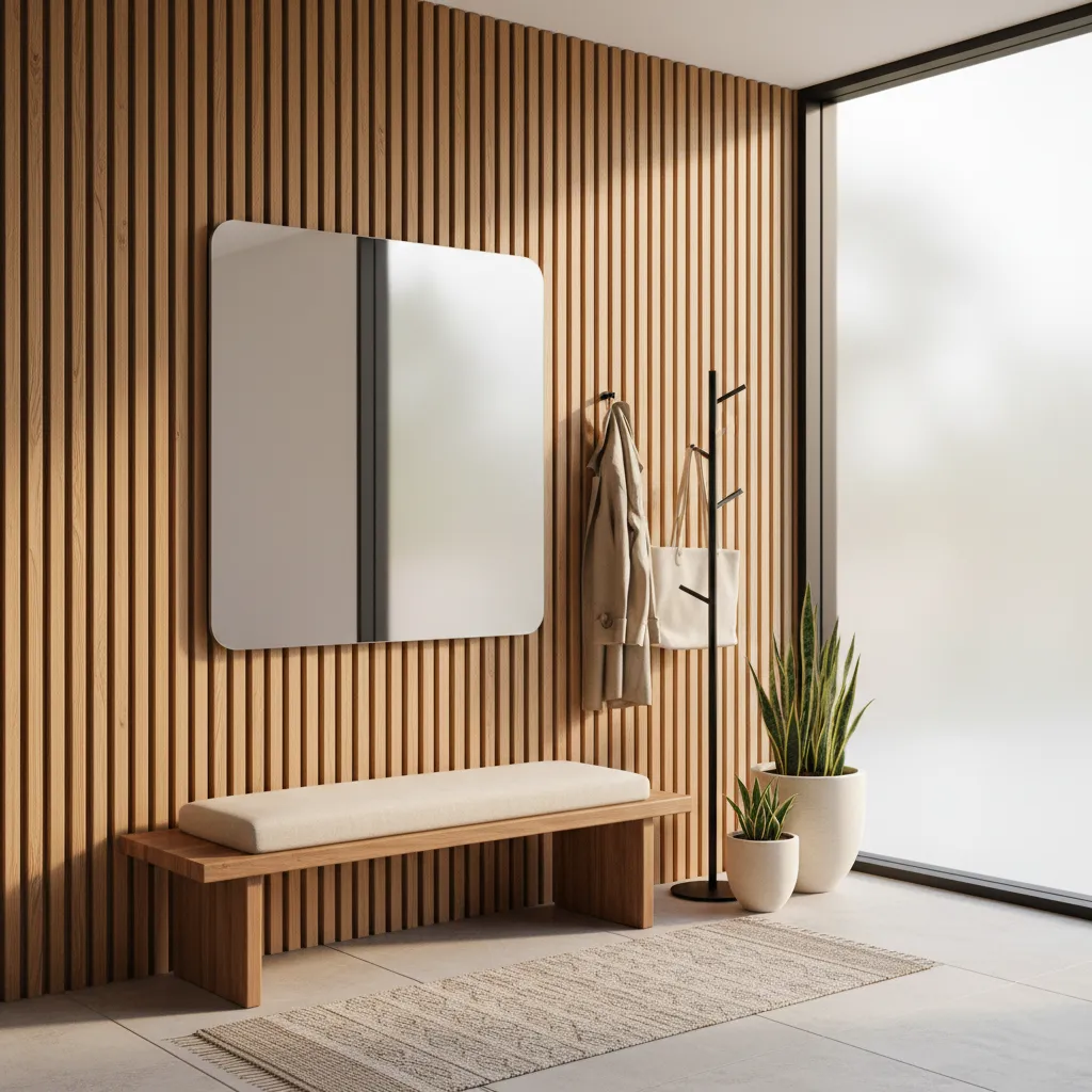 Modern entryway featuring wooden wall panel square mirror bench coat rack plants and large window