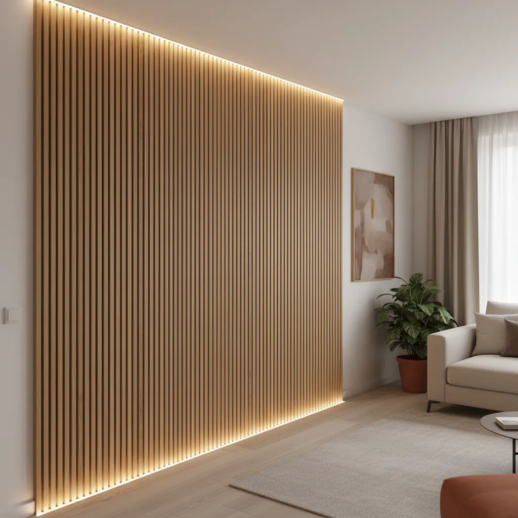 Pared interior con listones verticales de madera clara