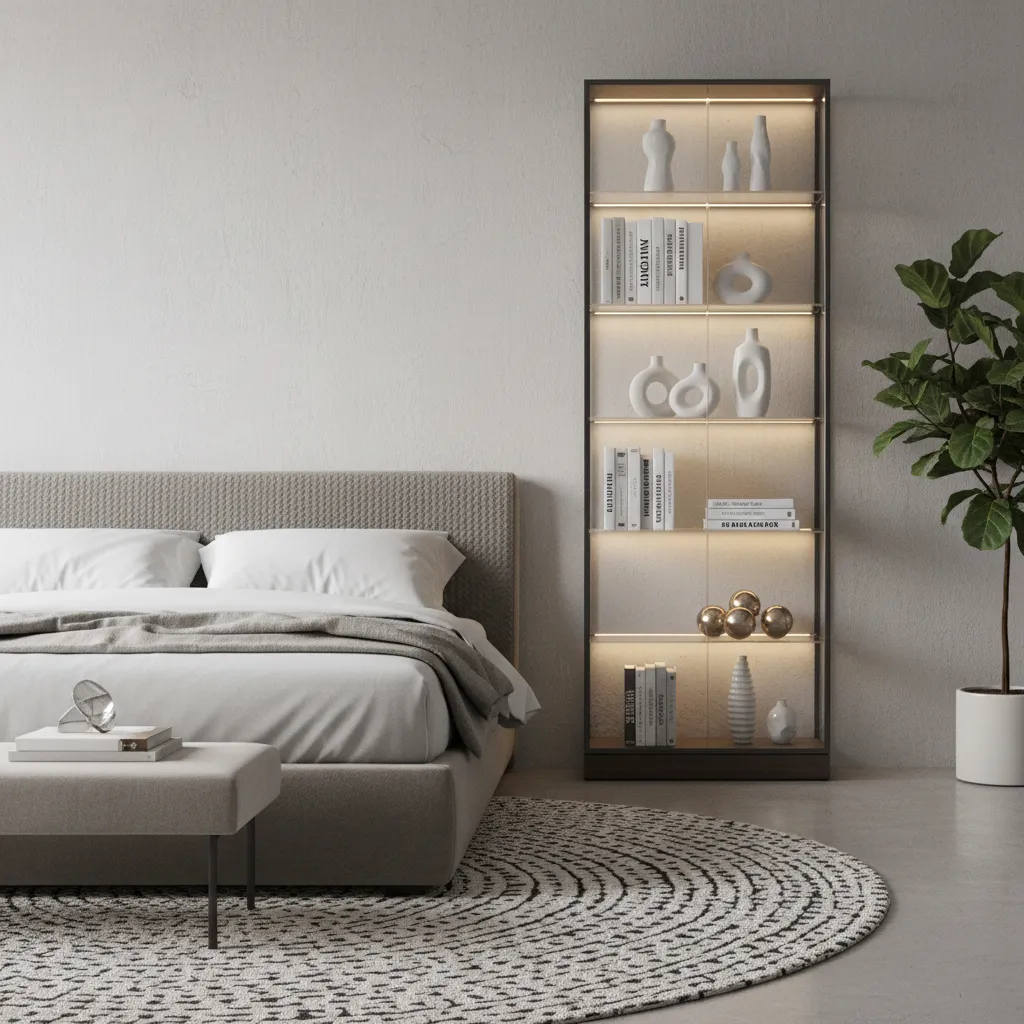 Modern china cabinet with warm LED lighting highlighting decor in bedroom
