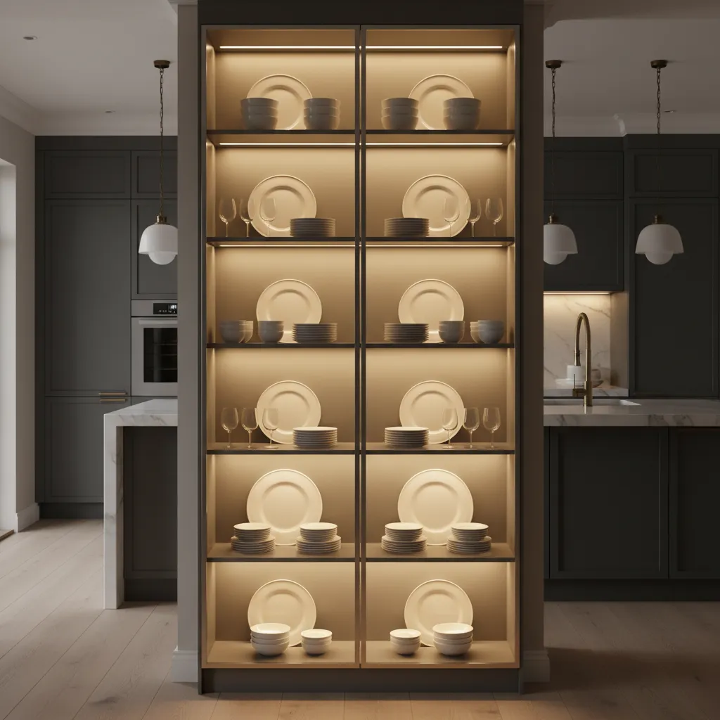 Glass kitchen cabinet with warm LED lighting highlighting dishes