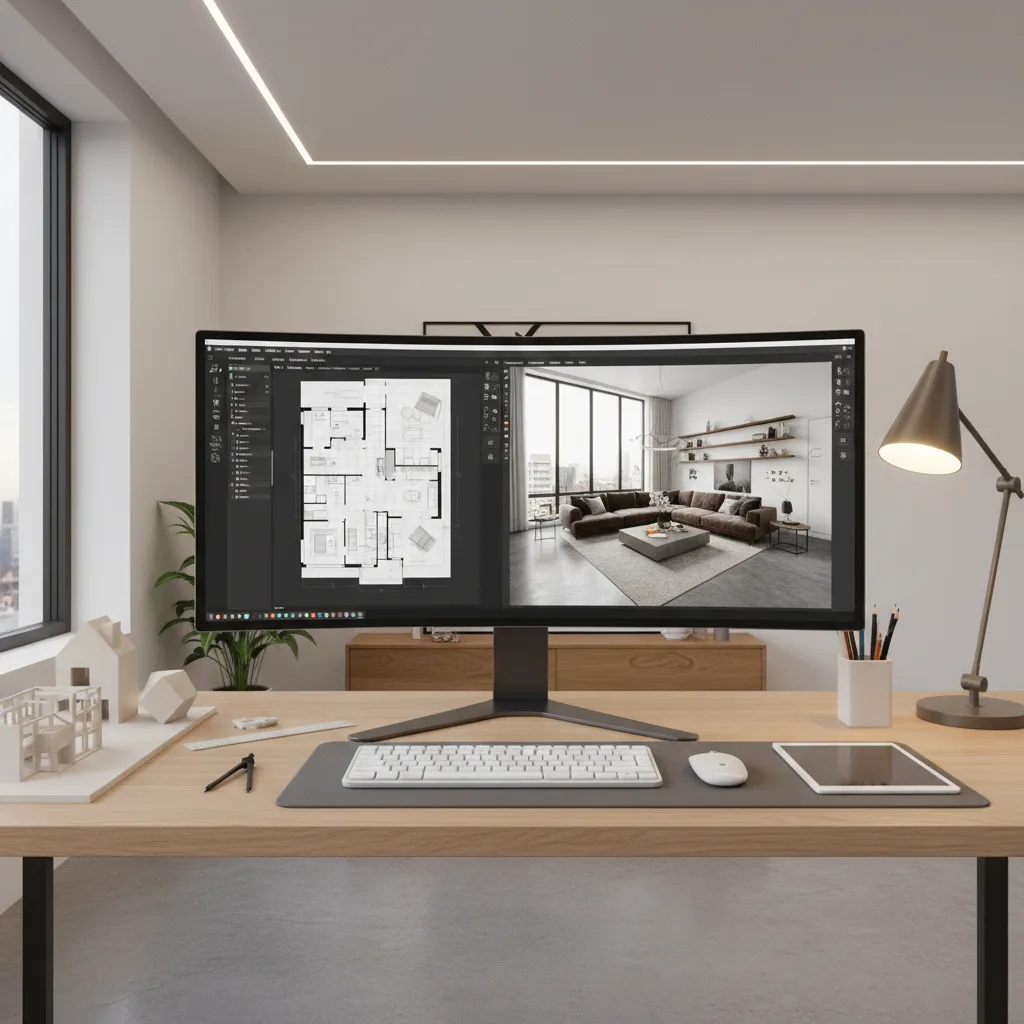 designer using home design software with floor plan and 3D model on screen