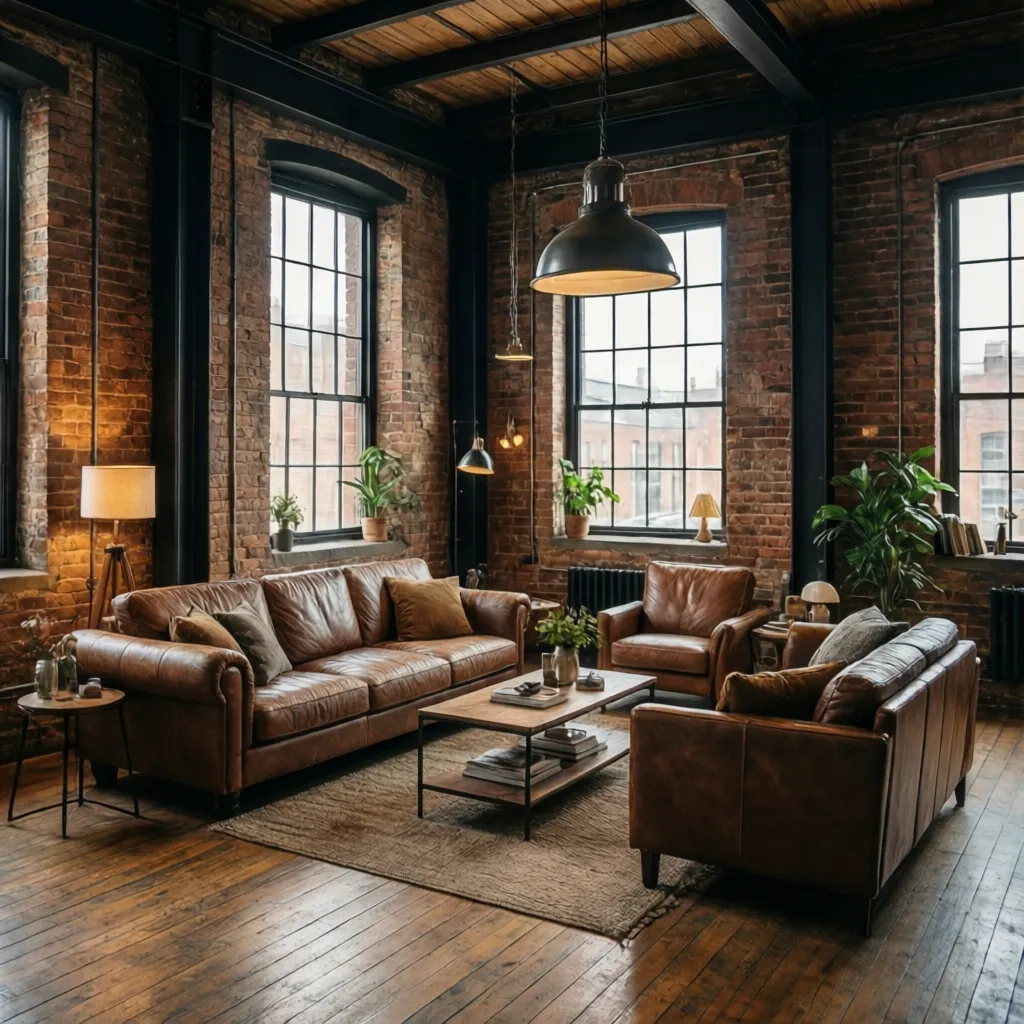 Industrial living room with brick walls, brown leather sofas, wooden coffee table, and large windows