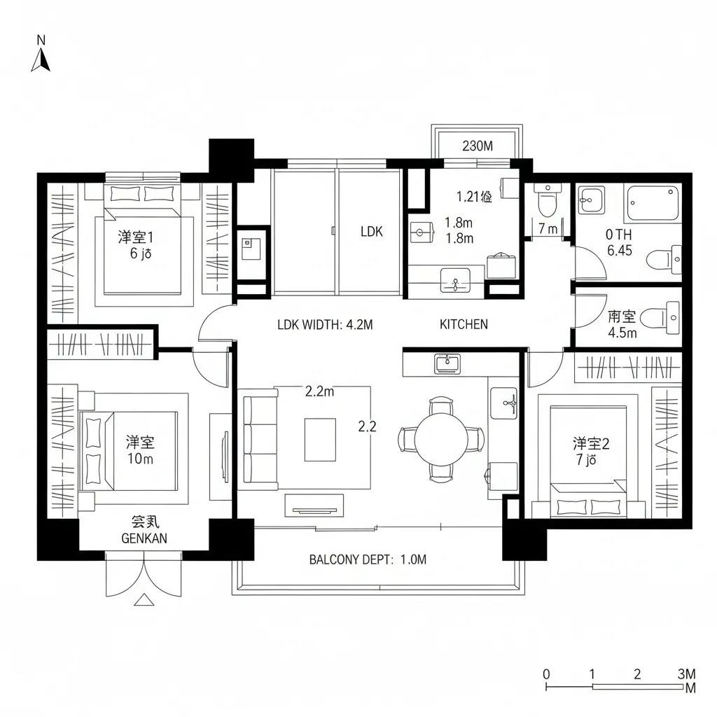 リビング中心の緩衝型2LDK