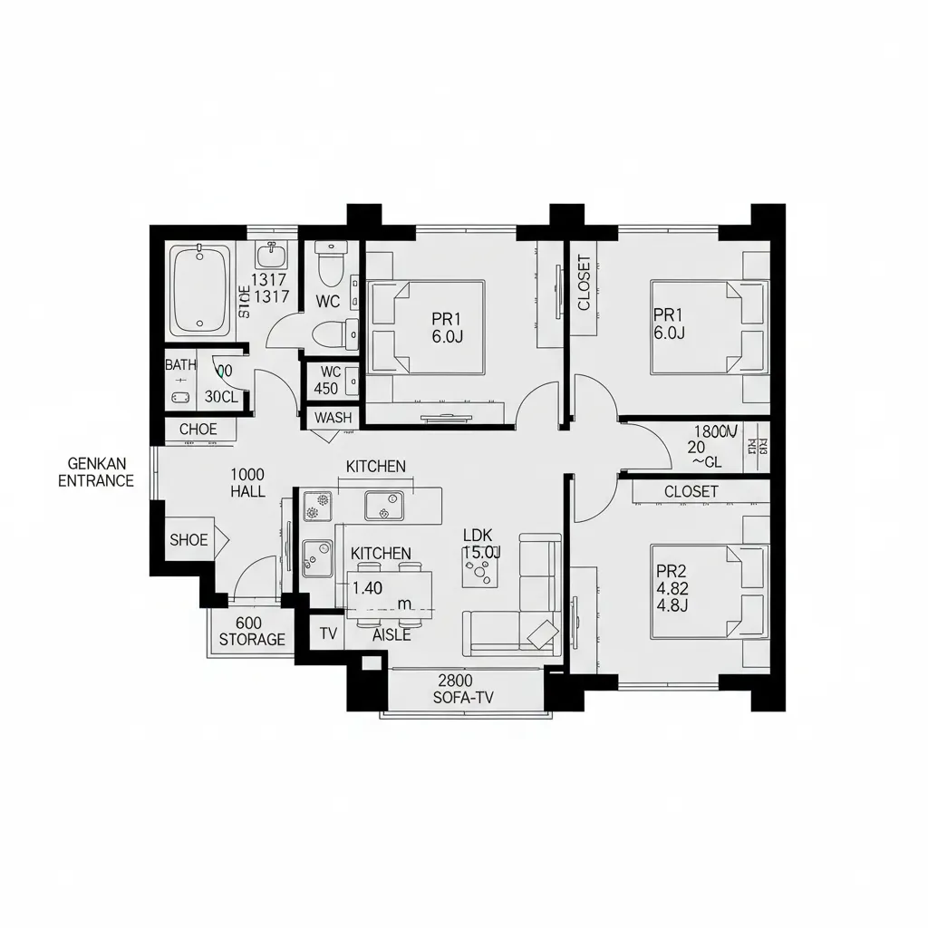 リビング中心＋個室二枚の薄い壁