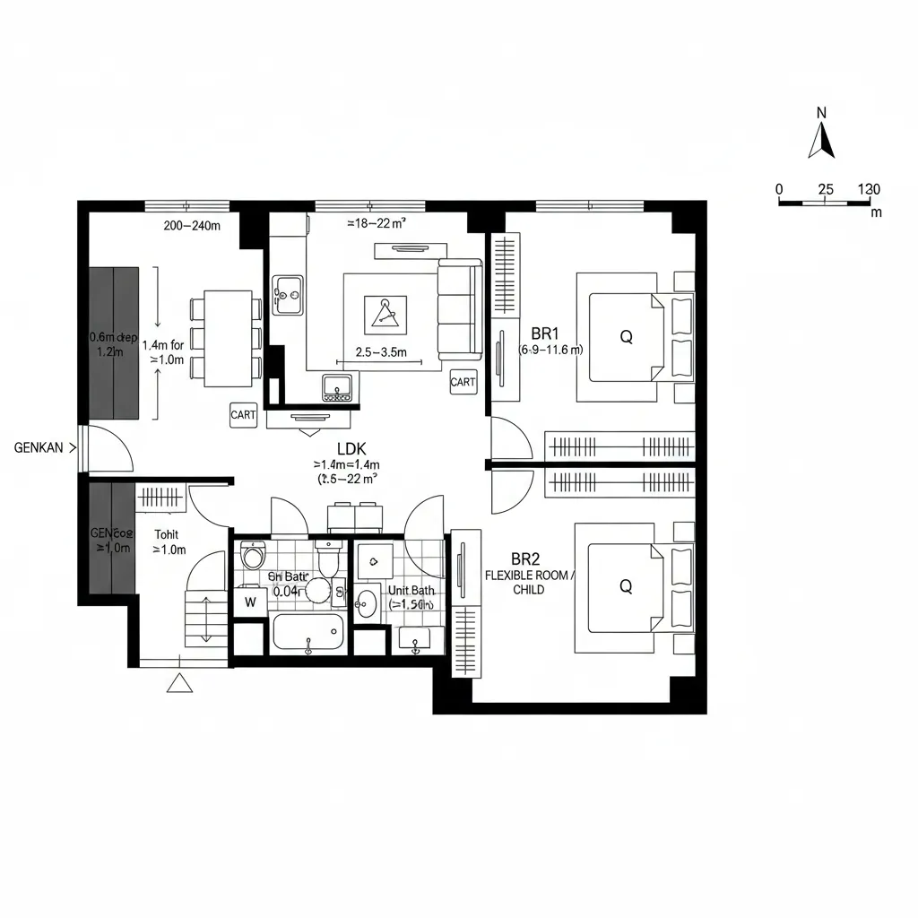 リビング中心＋回遊型の2LDK